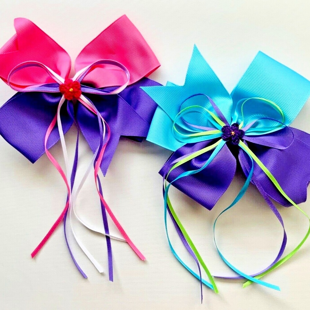 LOT 2 GIRLS HAIR ACCESSORIES FANCY XL BOWS WITH RIBBONS & CROCHET FLOWER ACCENTS